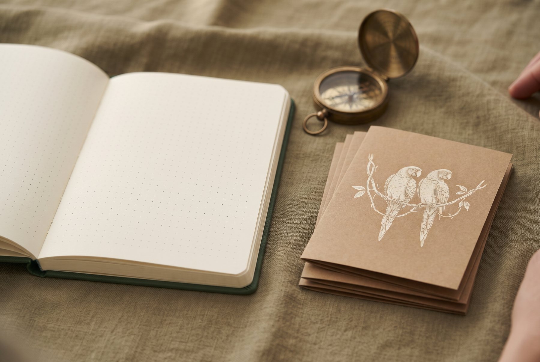 Greeting cards, a cloth-bound notebook, an art print and a sticker sheet from BDLC Impact Designs on a desk